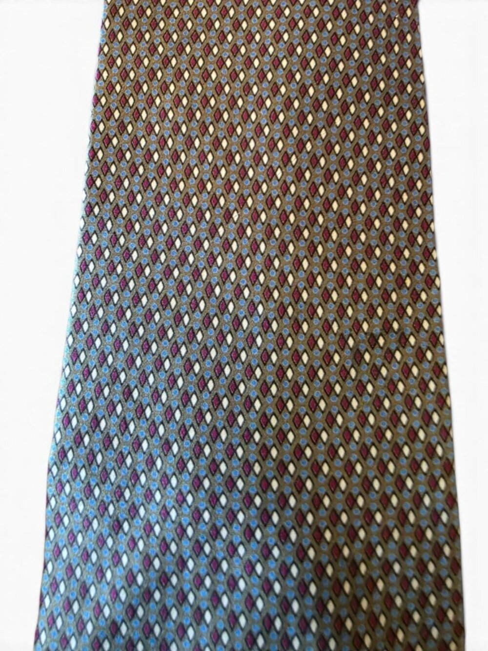 John Henry 100% Silk Geometric Necktie Brown Blue Burgundy Diamond USA 4" - Picture 4 of 11
